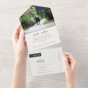 MINIMAL BLACK WHITE MONOGRAM WEDDING PHOTO ALL IN ONE INVITATION