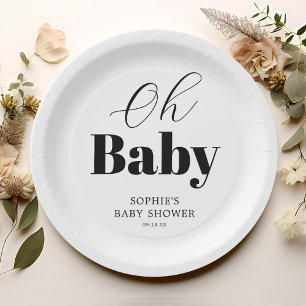 Minimal Black White Oh Baby Shower Paper Plate
