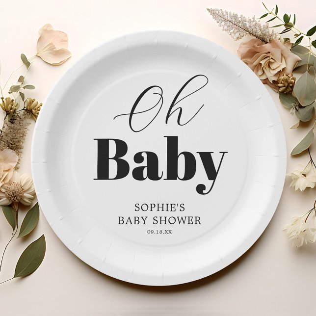 Minimal Black White Oh Baby Shower Paper Plate (Creator Uploaded)
