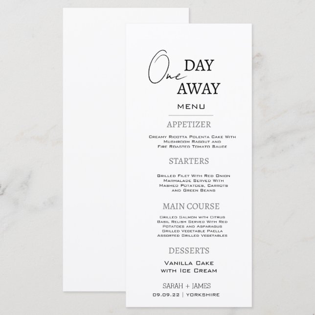 Minimal Black White One Day Away Rehearsal Dinner Menu (Front/Back)