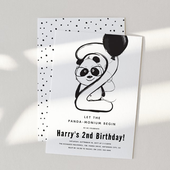 Minimal Black & White Panda 2nd Birthday Party Invitation (Creator Uploaded)