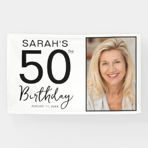 Minimal Black White Photo 50th Birthday Party Banner