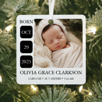 Minimal Black & White Photo Birth Stats Ornament