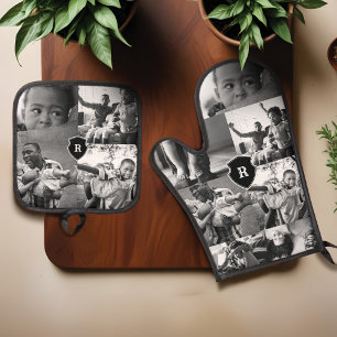 Minimal Black & White Photo Collage Monogram Crest Oven Mitt & Pot Holder Set
