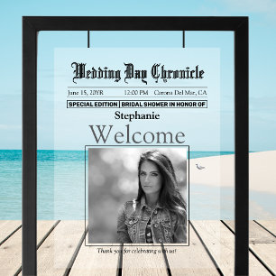 Minimal Black White Photo Newspaper Bridal Shower Acrylic Sign