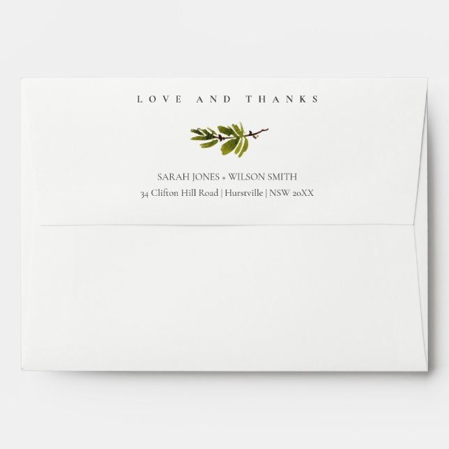 Minimal Black & White Pine Branch Foliage Wedding Envelope (Back (Top Flap))