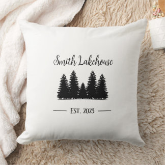 Minimal Black White Rustic Lakehouse Pine Trees Cushion
