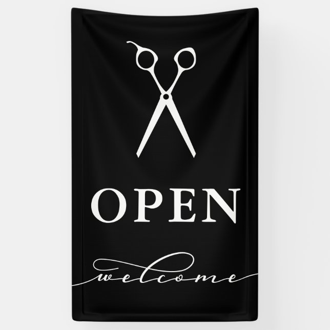 Minimal Black White Scissors Welcome Open Banner (Vertical)