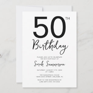 Minimal Black White Script 50th Birthday Party Invitation