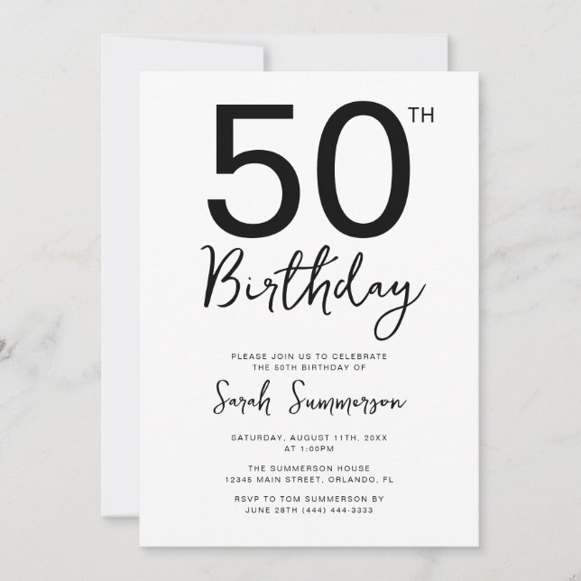 Minimal Black White Script 50th Birthday Party Invitation (Front)