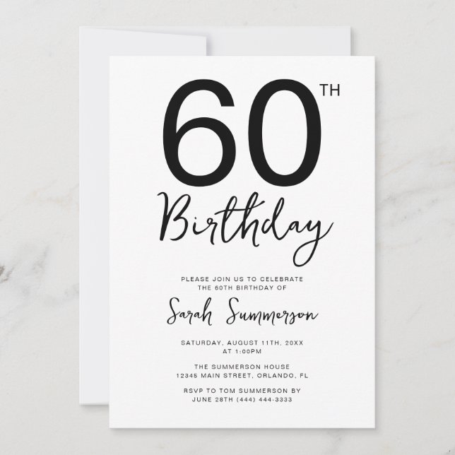 Minimal Black White Script 60th Birthday Party Invitation (Front)