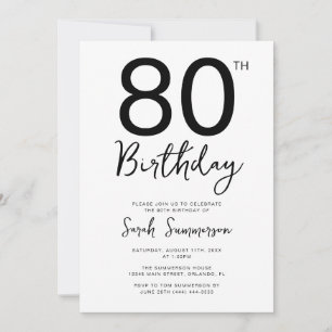 Minimal Black White Script 80th Birthday Party Invitation