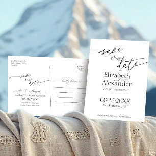 Minimal Black & White Script Fancy Save the Date Postcard