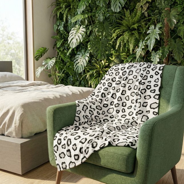 Minimal Black & White Snow Leopard Inspired Print Fleece Blanket (Creator Uploaded)