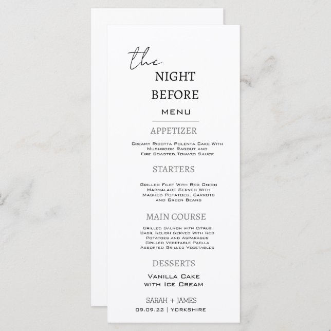 Minimal Black & White The Night Before Wedding  Menu (Front/Back)