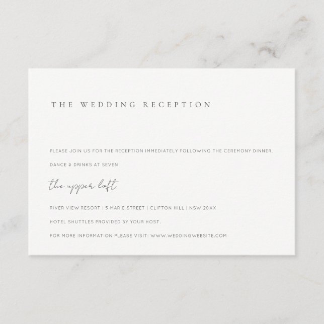 Minimal Black & White Typography Wedding Reception Enclosure Card (Front)
