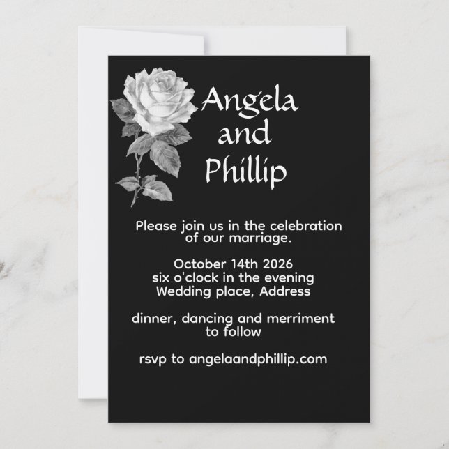 Minimal Black & White With Roses Wedding Invitation (Front)