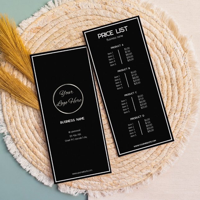 Minimal black with logo business price list rack card (Creator Uploaded)
