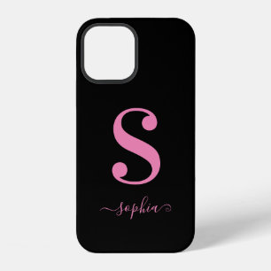 Minimal Black with Pink Monogram Script Name iPhone 12 Case