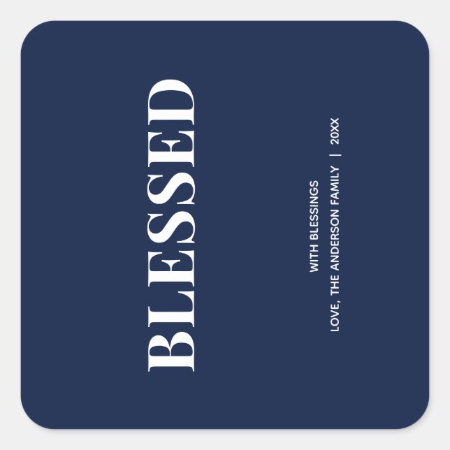 Minimal BLESSED | Navy Blue Holiday Square Sticker (Front)