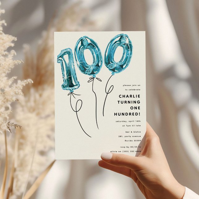Minimal Blue 100 Balloon 100th Birthday Party Invitation (Creator Uploaded)