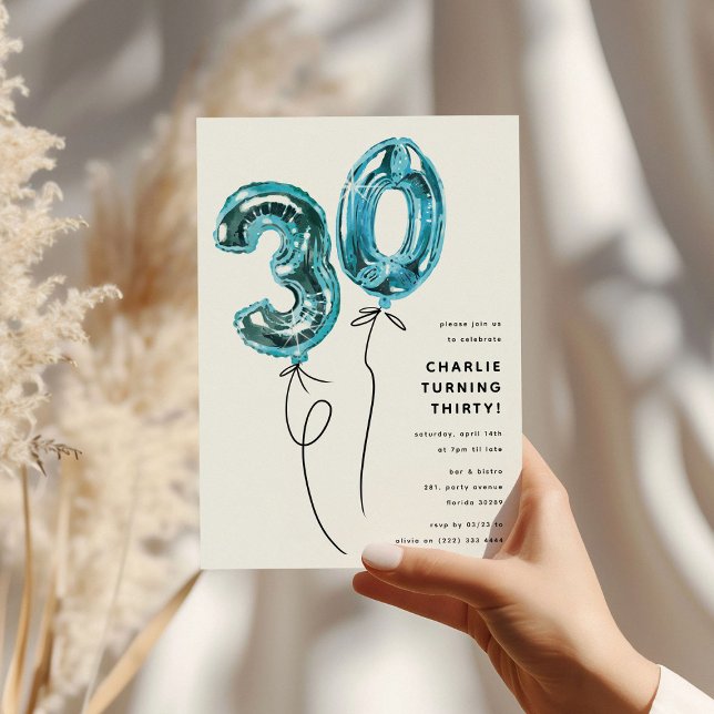 Minimal Blue 30 Balloon 30th Birthday Party Invitation (Creator Uploaded)