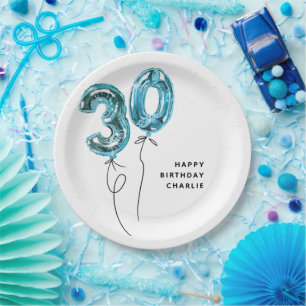 Minimal Blue 30 Balloon 30th Birthday Party Paper Plate