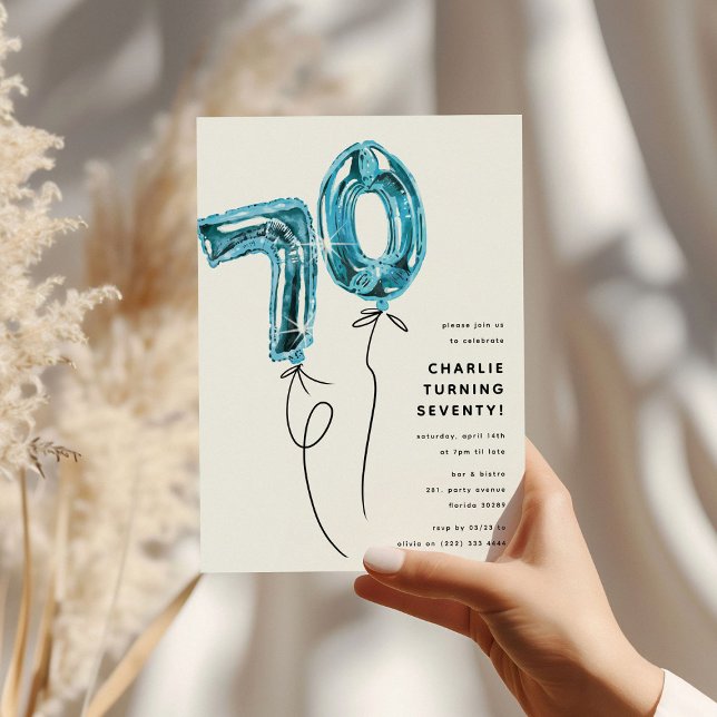 Minimal Blue 70 Balloon 70th Birthday Party Invitation (Creator Uploaded)