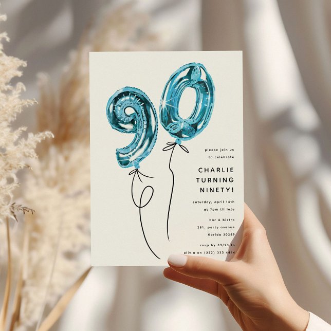 Minimal Blue 90 Balloon 90th Birthday Party Invitation (Creator Uploaded)