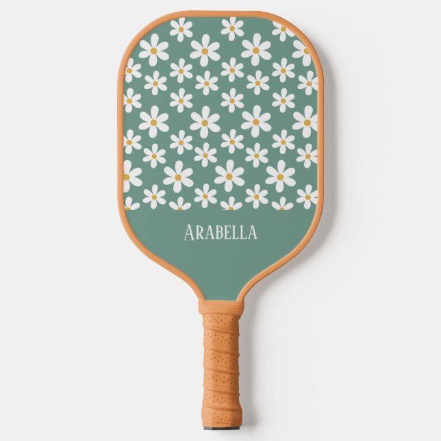 Minimal Blue and White Daisies Personalised Boho Pickleball Paddle (Front)