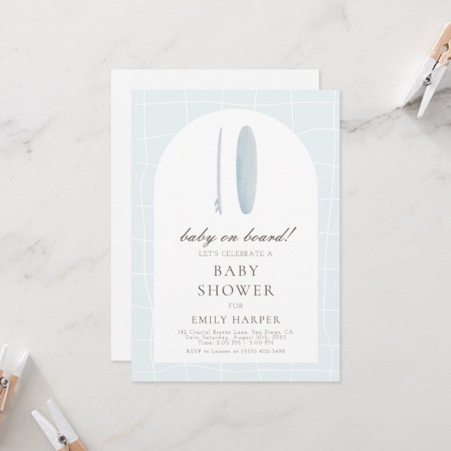 Minimal Blue Baby on Board Baby Shower Invitation (Front/Back In Situ)