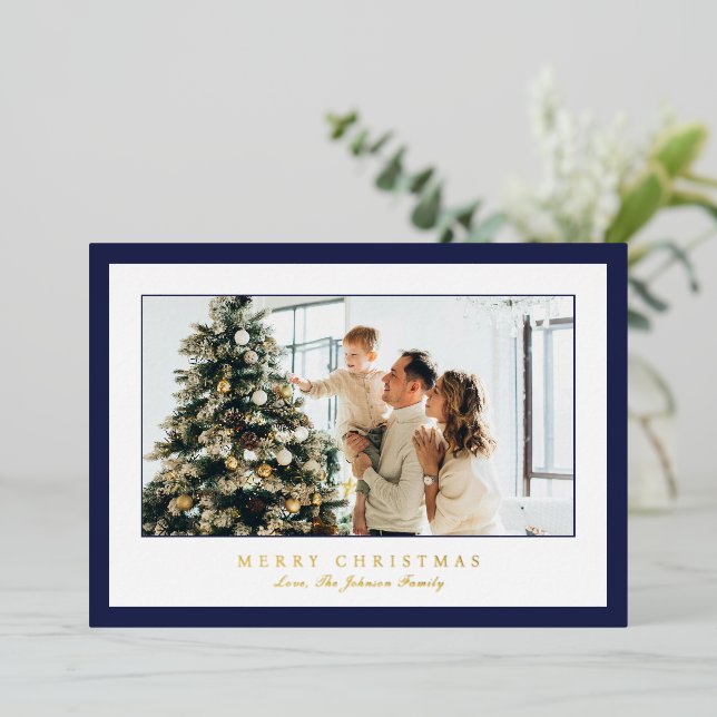 Minimal Blue Border Photo Elegant Christmas (Standing Front)