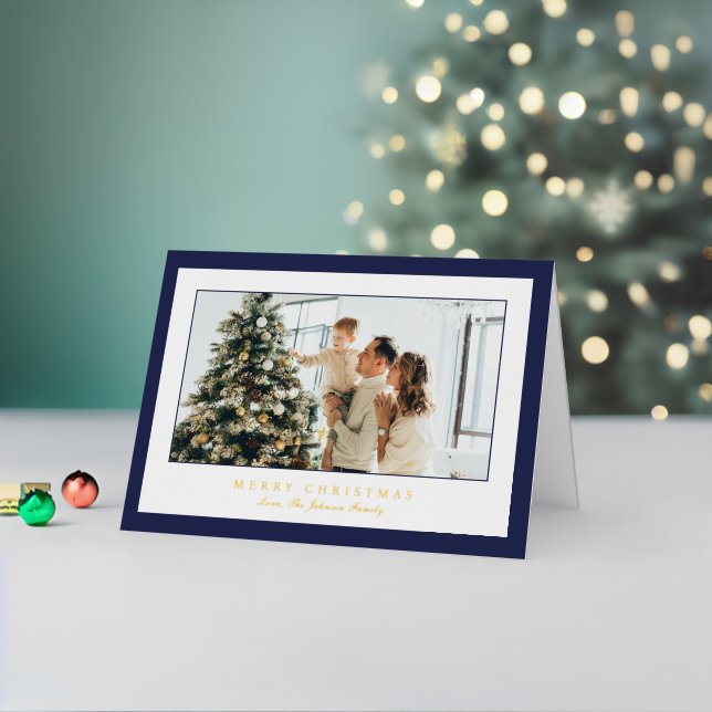 Minimal Blue Border Photo Elegant Christmas Foil Holiday Card (Holiday In Situ 2)