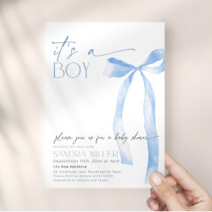 Minimal Blue Bow Baby Shower Invitation