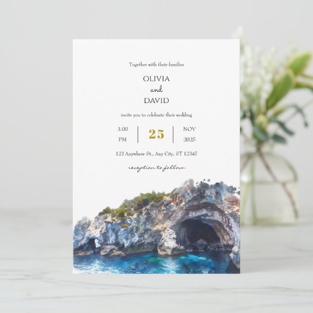 Minimal Blue Cliff Coastal Landscape Beach Wedding Invitation (Standing Front)