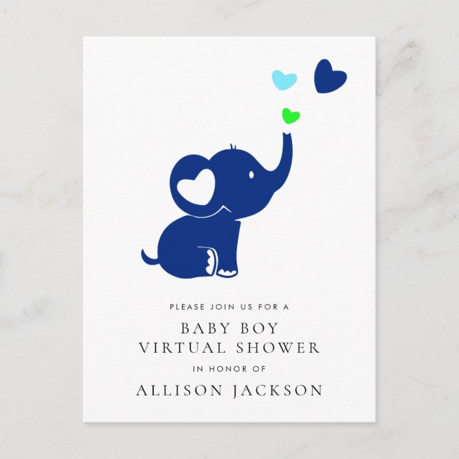 Minimal Blue Elephant Baby Boy Virtual Shower Invitation Postcard (Front)