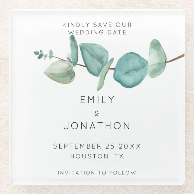 Minimal Blue Eucalyptus Keepsake Save The Date Gla Glass Coaster (Front)