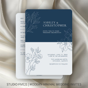 Minimal Blue Foliage Outline All-in-One Wedding Invitation