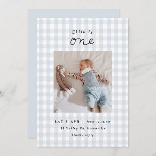 Minimal Blue Gingham Photo 1st Birthday Invitation