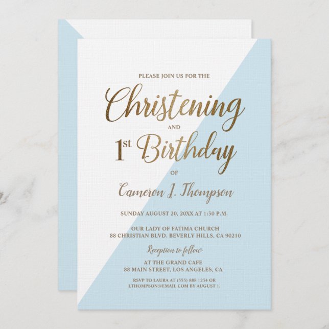 Minimal Blue Gold 1st Birthday Christening Invitation (Front/Back)