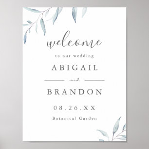 Minimal blue greenery rustic wedding welcome sign