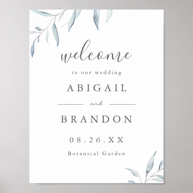 Minimal blue greenery rustic wedding welcome sign (Front)