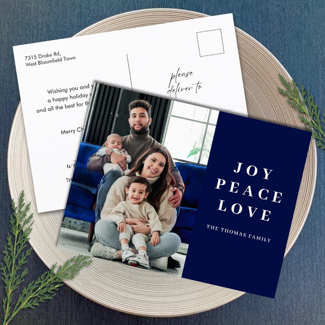 Minimal Blue Joy Peace Love Christmas Family Name Holiday Postcard (Creator Uploaded)