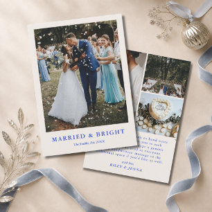 Minimal Blue Married & Bright 4 Photo Text Wedding Holiday Card
