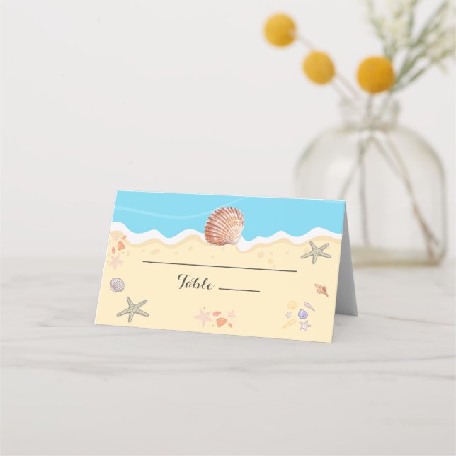 Minimal Blue Ocean Summer Wedding Place Card (Front)