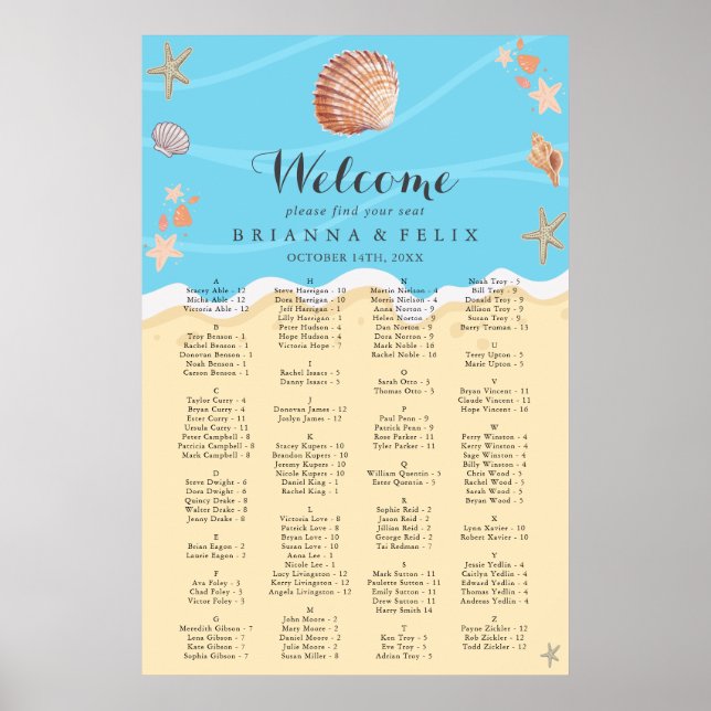 Minimal Blue Ocean Summer Wedding Seating Chart (Front)