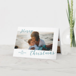 Minimal Blue Photo Modern Christmas Holiday Card