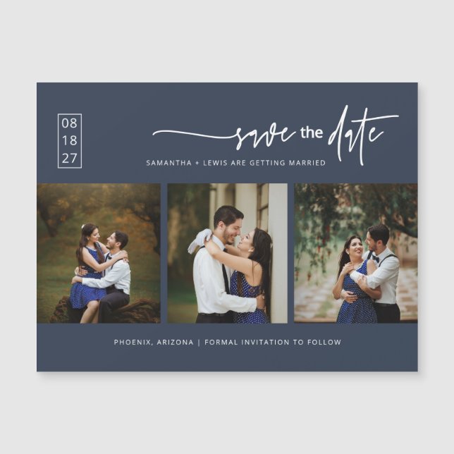 Minimal Blue Photo Save the Date Magnetic Card (Front)