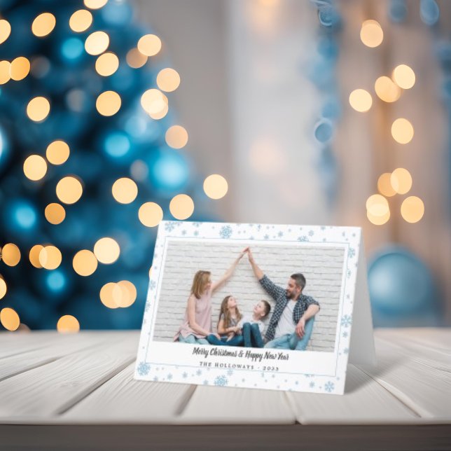 Minimal Blue Snowflakes Christmas Photo Card (Modern Blue Snowflake Holiday Photo Card)