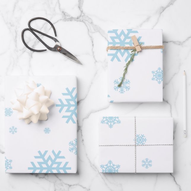 Minimal Blue Snowflakes Holiday Wrapping Paper (Front)